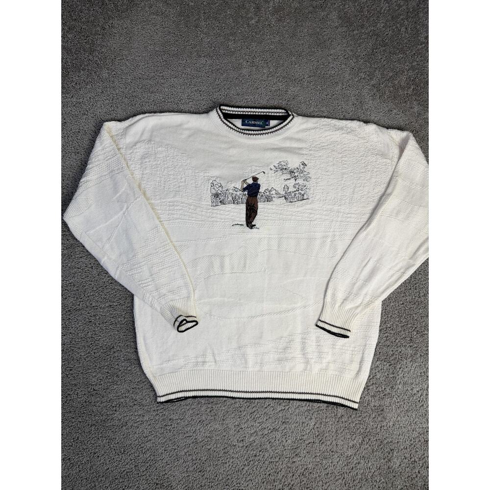 Vintage Carmel Sweater Mens XL White Golf Scene Embroidered Crweneck USA Made